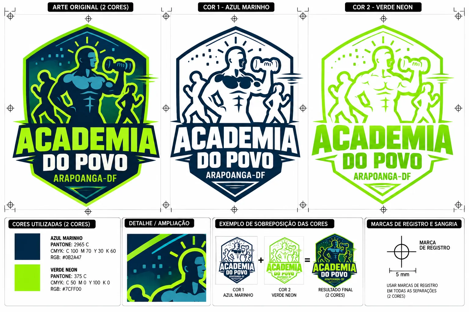 Ficha técnica de arte para serigrafia, com separação de cores, versões e marcas de registo